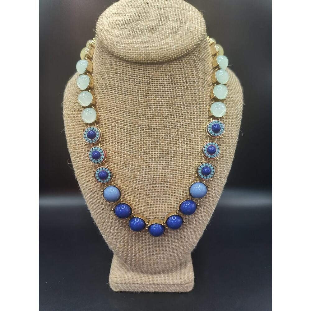 Vintage Style Blue Gradient Beaded Necklace w/Gold Accents and Turquoise  Detail